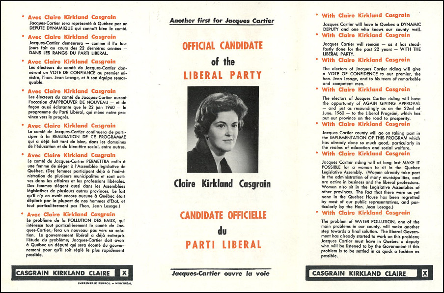 Publicité électorale de Marie-Claire Kirkland-Casgrain, 1960.
