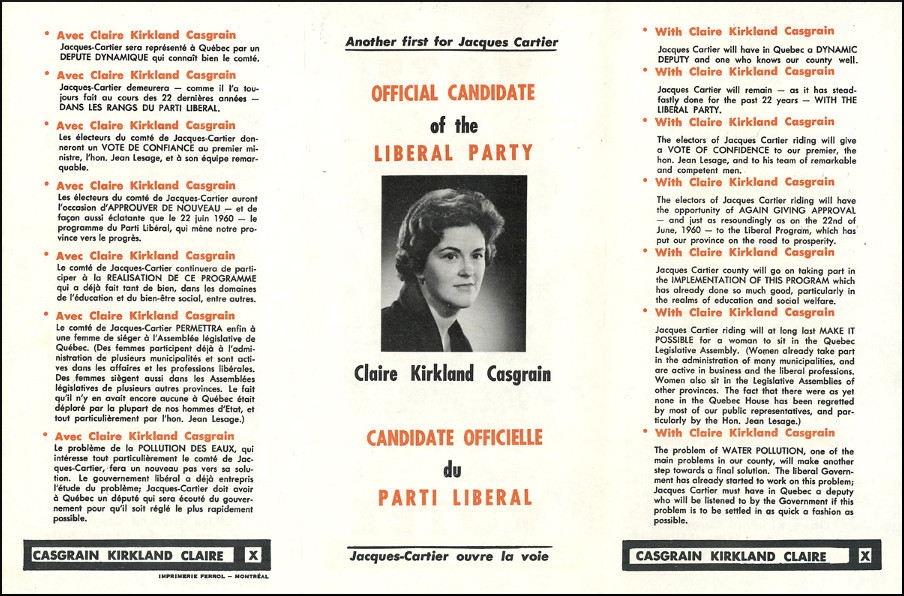 Publicité électorale de Marie-Claire Kirkland-Casgrain, 1960.