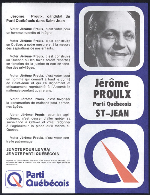 Dépliant électoral de Jérôme Proulx, candidat dans Saint-Jean, 1973.