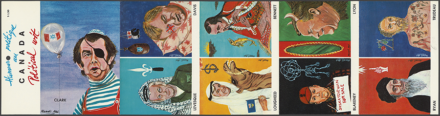 Lot de cinq cartes postales intitulé « Humour politique au Canada », vers 1980.