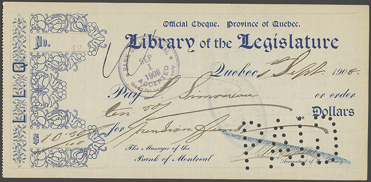Chèque de la Bibliothèque de la Législature, 1908.