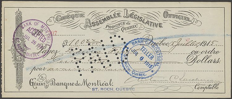 Chèque de l'Assemblée législative, 1915.