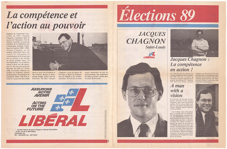 Feuillet électoral de Jacques Chagnon, 1989.
