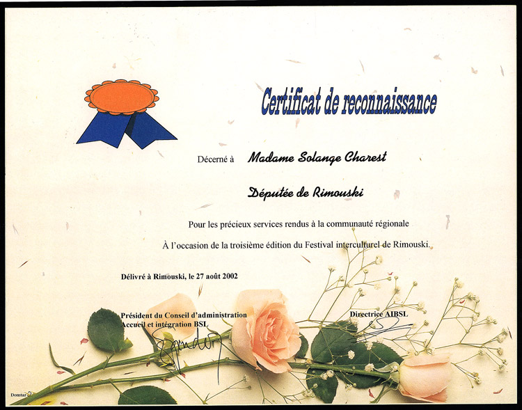 Certificat de reconnaissance d'Accueil et intégration BSL, 27 août 2002.
