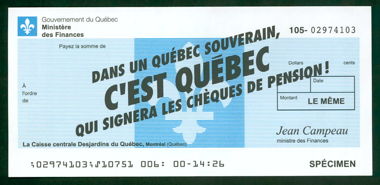 Faux chèque promotionnel de Jean Campeau, entre 1994 et 1995.