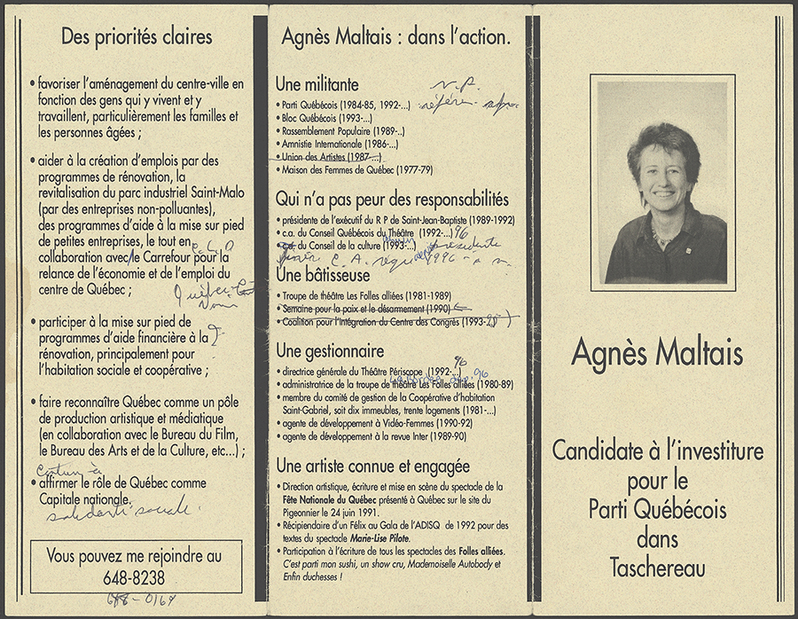 Dépliant d'Agnès Maltais pour l'investiture péquiste dans Taschereau, 1994.