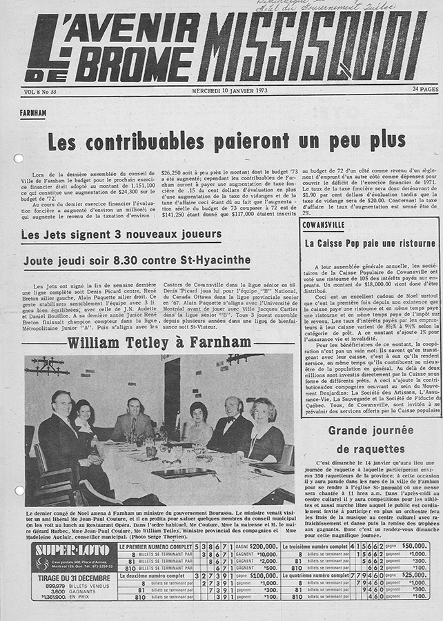 Une du journal L'Avenir de Brome Missisquoi, le 10 janvier 1973.