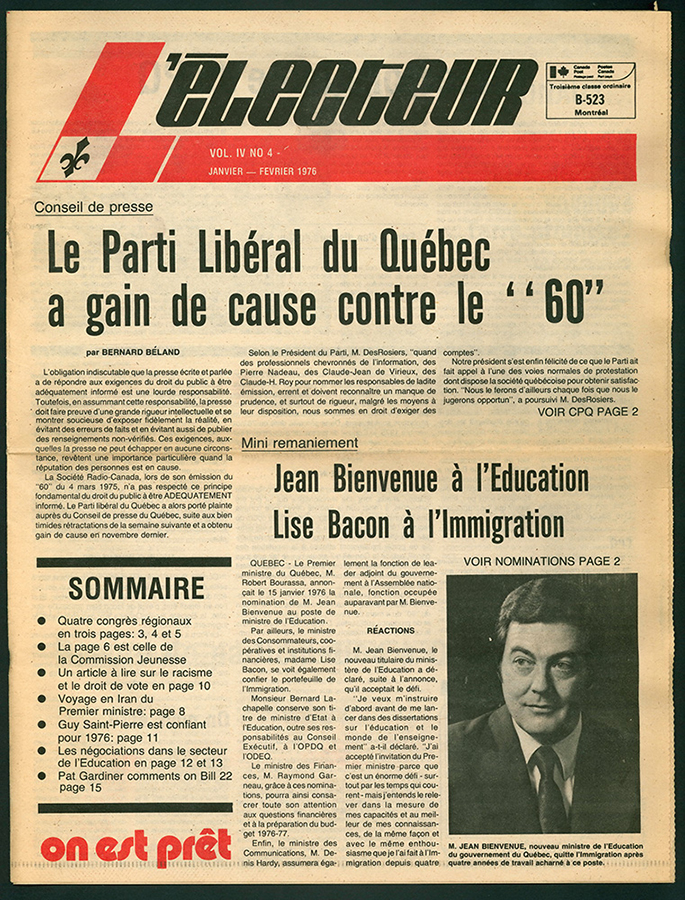 Journal « L'Électeur » du Parti libéral, vol. IV, no 4, janvier-février 1976.