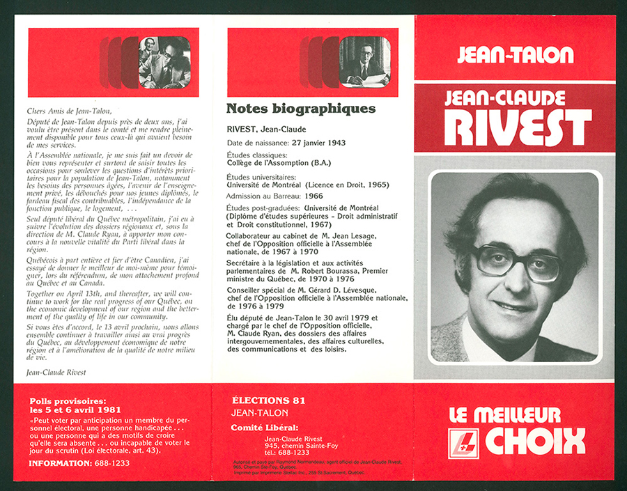 Dépliant électoral de Jean-Claude Rivest, 1981.