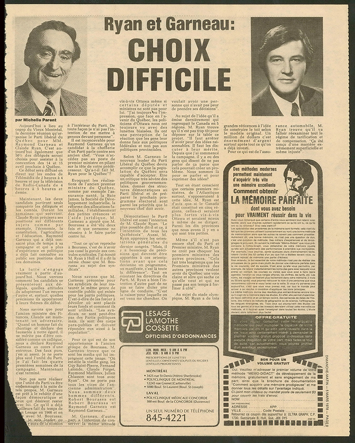 Coupure de presse concernant la course à la chefferie du Parti libéral, 1978.
