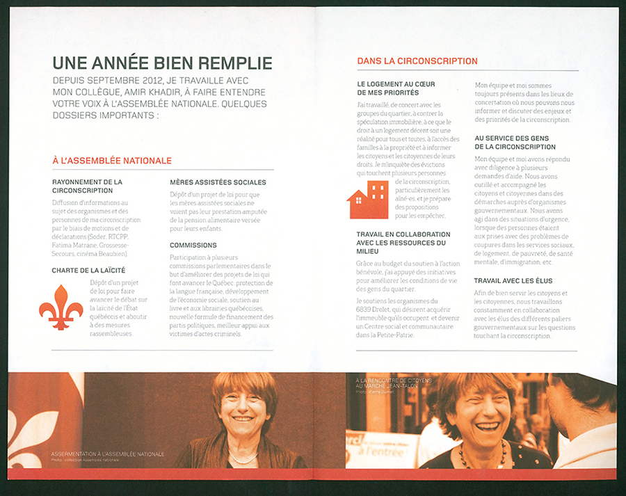 Dépliant promotionnel des activités de la députée Françoise David, 2013.