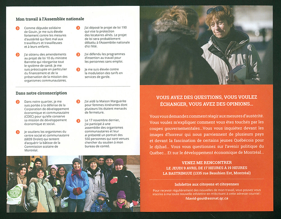 Invitation à une rencontre entre Françoise David et les citoyens, 9 avril 2015.