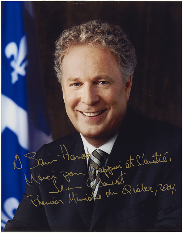 Photographie de Jean Charest dédicacée à Sam Hamad, 2004.