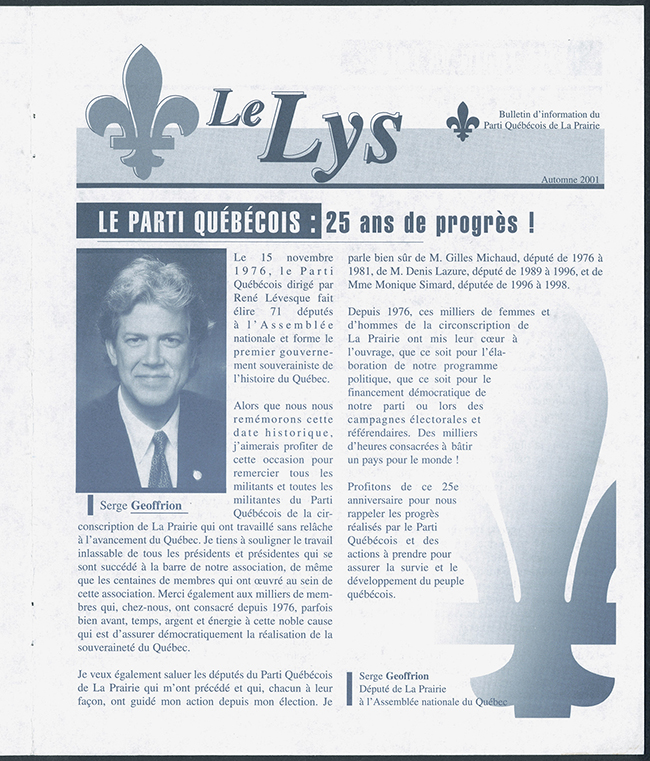 « Le Lys », bulletin d'information du Parti québécois de La Prairie, 2000-2001.