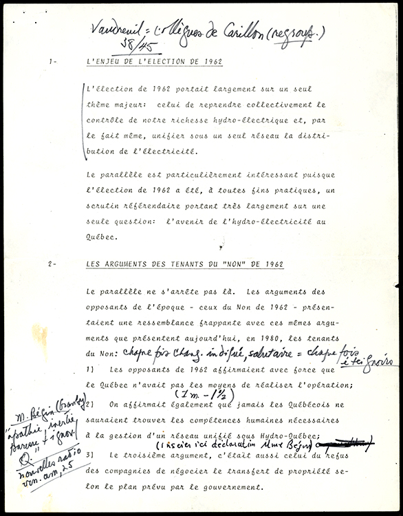 Discours annoté de René Lévesque pour la campagne référendaire, 1980.