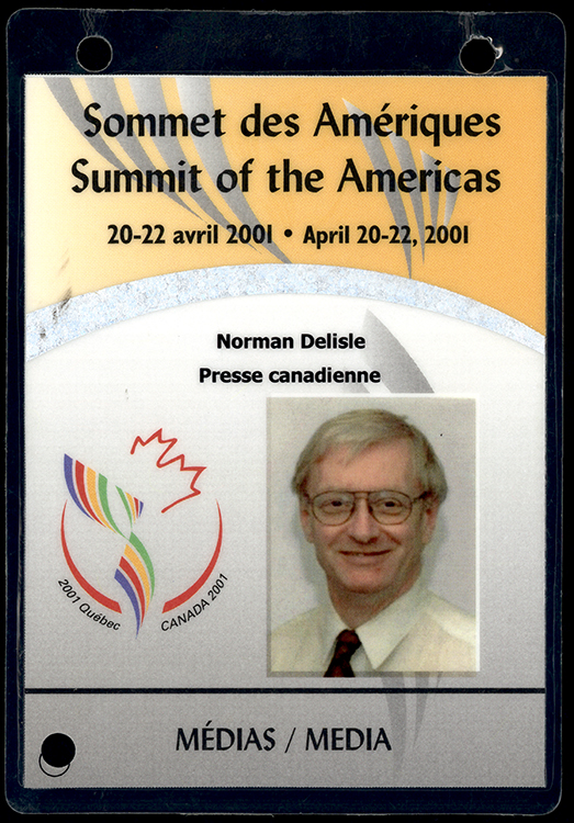 Carte de presse de Norman Delisle pour le Sommet des Amériques, avril 2001.