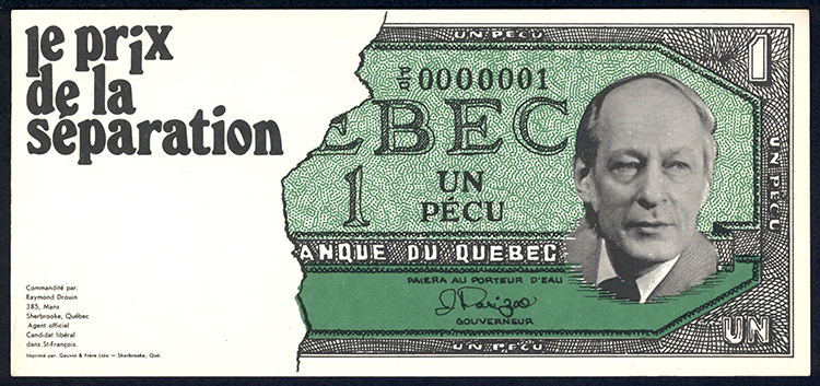 Faux billet de banque « Le prix de la séparation » du PLQ, entre 1973 et 1980.